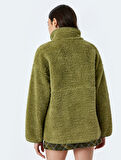 Dik Yaka Fermuarlı Cep Detaylı Peluş Oversize Sweatshirt