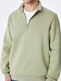 Uzun Kollu Pamuk Karışımlı Basic Yarım Fermuarlı Sweatshirt