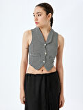 V Yaka Düğmeli Slim Fit Crop Triko Yelek
