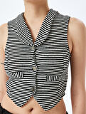 V Yaka Düğmeli Slim Fit Crop Triko Yelek