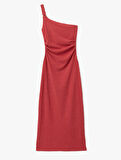 Drape Detaylı Slim Fit Midi Boy Tek Omuz Elbise