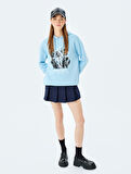 Şardonlu Kapüşonlu Kedi Baskılı Uzun Kollu Rahat Kalıp Sweatshirt