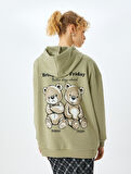 Arkası Ayı Baskılı Kapüşonlu Uzun Kollu Sweatshirt