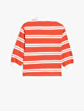 Çizgili Uzun Kollu Düğme Detaylı Polo Yaka Sweatshirt