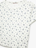 Pamuklu Ayıcık Baskılı Kısa Kollu Bisiklet Yaka Pijama Üstü