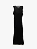 Bisiklet Yaka Kolsuz Astarlı Midi Tül Bodycon Elbise