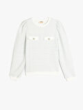 Uzun Kollu Düğme Detaylı Bisiklet Yaka Çizgili Sweatshirt