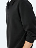 Polo Yaka Sweatshirt Basic Düğmeli Pamuklu İnterlok Kumaş