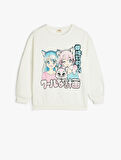 Anime Baskılı Bisiklet Yaka Pamuklu Uzun Kollu Sweatshirt