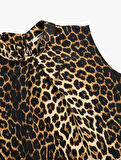 Dik Yaka Kolsuz Leopar Desenli Bluz