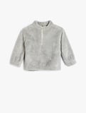 Dik Yaka Uzun Kollu Fermuarlı Basic Peluş Sweatshirt