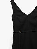 Krep Kumaş Kolsuz Cepli Kemerli Slim Fit A Kesim Midi Boy V Yaka Elbise