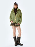 Oversize Cep Detaylı Çıtçıt Düğmeli Peluş Sweatshirt
