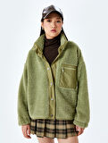 Oversize Cep Detaylı Çıtçıt Düğmeli Peluş Sweatshirt