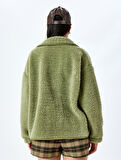 Oversize Cep Detaylı Çıtçıt Düğmeli Peluş Sweatshirt