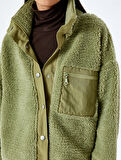 Oversize Cep Detaylı Çıtçıt Düğmeli Peluş Sweatshirt