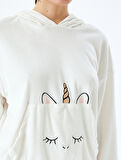 Unicorn İşleme Detaylı Cepli Uzun Kollu Kapüşonlu Polar Pijama Üstü