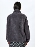 Cep Detaylı Fermuarlı Dik Yaka Oversize Peluş Sweatshirt