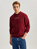 Uzun Kollu Pamuk Karışımlı Cepli Slogan Baskılı Kapşonlu Sweatshirt