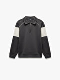 Pamuklu Renk Bloklu Uzun Kollu Yarım Fermuarlı Sweatshirt