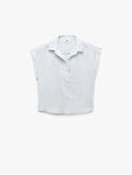 Viskon Keten Karışımlı Gömlek Yaka Kolsuz Crop Bluz