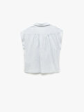 Viskon Keten Karışımlı Gömlek Yaka Kolsuz Crop Bluz