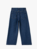 Yüksek Bel Düğmeli Cepli Geniş Paça Denim Pantolon -  Crop Wide Leg Jeans