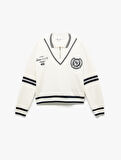 Nakış Detaylı Çizgili Oversize Yarım Fermuarlı Sweatshirt