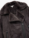 Cepli Fermuarlı Uzun Kollu Peluş Yaka Süet Görünümlü Crop Biker Ceket