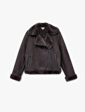 Cepli Fermuarlı Uzun Kollu Peluş Yaka Süet Görünümlü Crop Biker Ceket