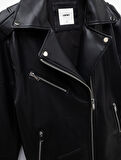 Fermuarlı Cepli Uzun Kollu Suni Deri Biker Ceket