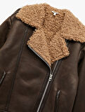 Uzun Kollu Fermuarlı Cepli Peluş Yaka Deri Görünümlü Biker Ceket