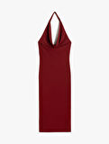 Kolsuz Slim Fit Midi Boy Degaje Yaka Dekolte Elbise