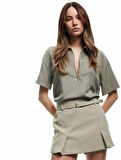 Modal Kumaş Yarım Fermuarlı Kısa Kollu Polo Yaka Oversize Bluz