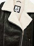 Suni Kürklü Cepli Fermuarlı Deri Görünümlü Biker Ceket