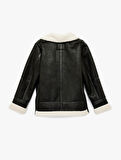 Suni Kürklü Cepli Fermuarlı Deri Görünümlü Biker Ceket