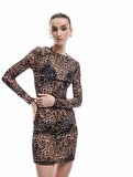 Uzun Kollu Bisiklet Yaka Leopar Desenli Mini Tül Plaj Elbisesi