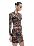 Uzun Kollu Bisiklet Yaka Leopar Desenli Mini Tül Plaj Elbisesi