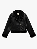 Uzun Kollu Fermuarlı Suni Kürk Astarlı Kruvaze Suni Deri Biker Crop Ceket