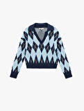 Uzun Kollu Baklava Desenli Polo Yaka Triko Oversize Kazak