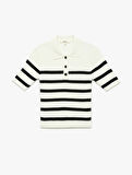 Düğmeli Kısa Kollu Çizgili Triko Polo Yaka Kazak