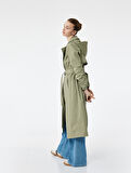Düğmeli Kemer Detaylı Kruvaze Yaka Çıkarılabilir Kapüşonlu Uzun Trençkot