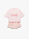 Pamuklu Bisiklet Yaka Kısa Kollu Kalpli Şort Pijama Takımı