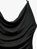 Astarlı Boyundan Bağlamalı Slim Fit Degaje Yaka Mini Tül Taşlı Elbise