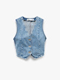 Taş Detaylı Kolsuz Pamuklu Crop Denim Yelek