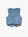 Taş Detaylı Kolsuz Pamuklu Crop Denim Yelek