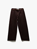 Düğmeli Kesik Geniş Paça Kemerli Pantolon - Wide Leg Jeans