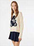 Ayıcık İşlemeli Uzun Kollu Bisiklet Yaka Triko Kazak