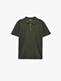 Viskon Regular Fit Polo Yaka Yarım Fermuarlı Kısa Kollu Triko Tişört