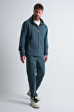 Petrol Mavisi - L Erkek Fermuarlı Kapüşonlu Gizli Cep Detaylı Eşofman Takımı